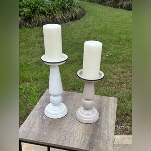 White Enamel Pillar 2 pc Candle Holders with Black Trim